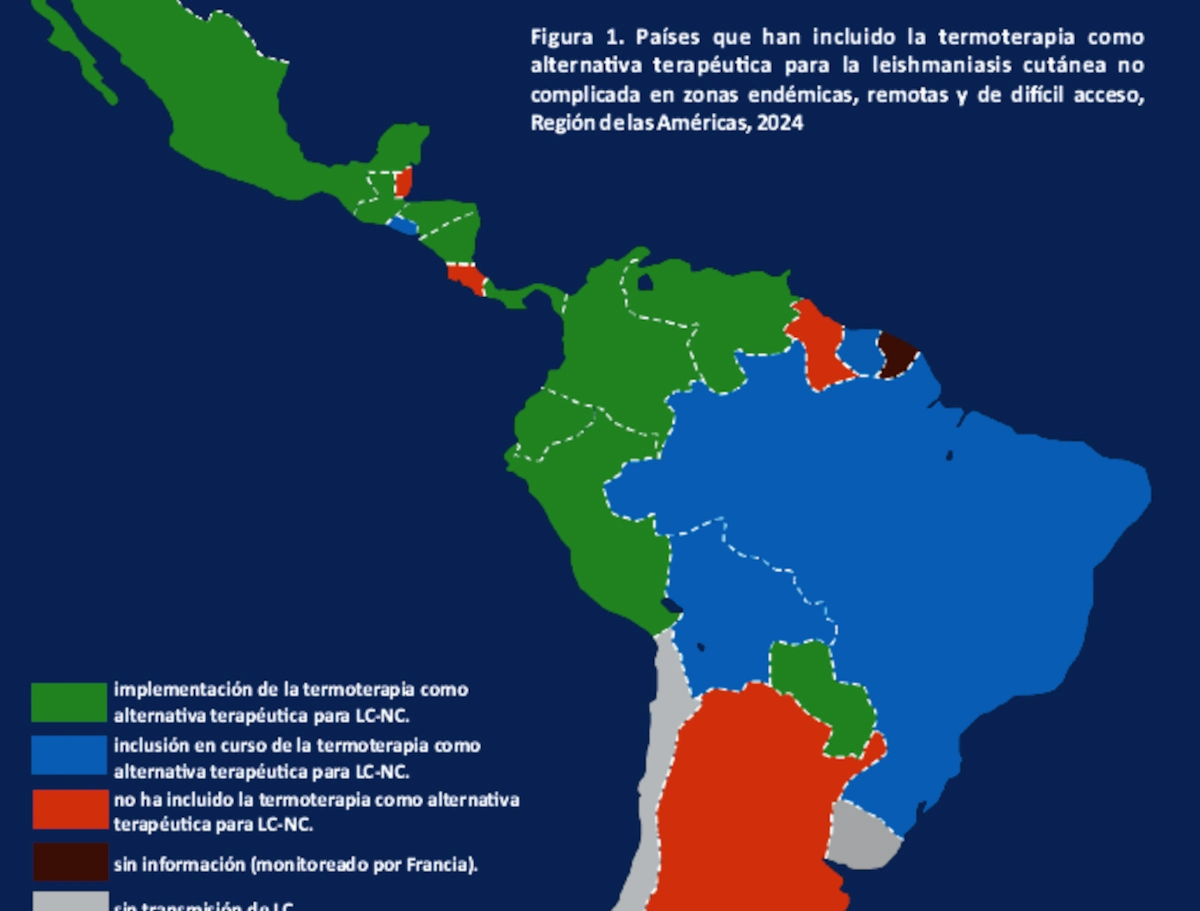 Mapa de América con implementación de la termoterapia para tratar la leishmaniasis cutánea no complicada, basada en el informe epidemiológico de la OPS, diciembre de 2024.